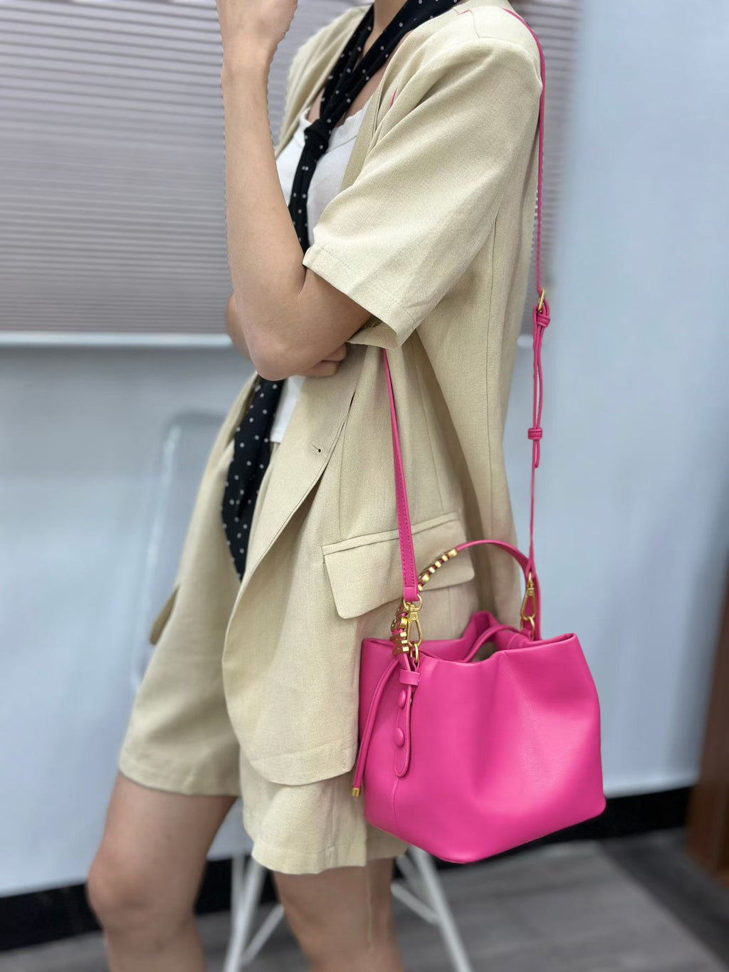 Hot Pink Leather Letter-Handle Bucket Bag
