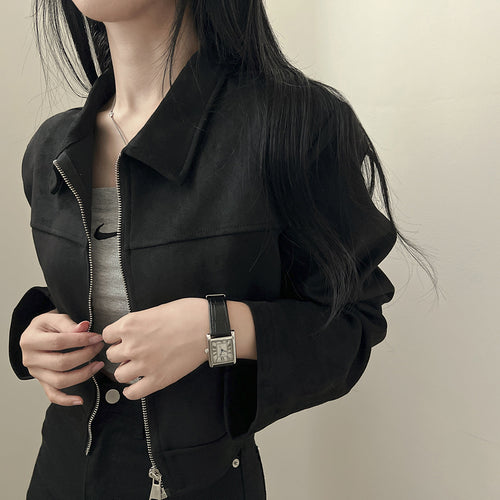 Autumn Women's Lapel Zip-up Long-sleeve Faux-leather Fleece Short Coat