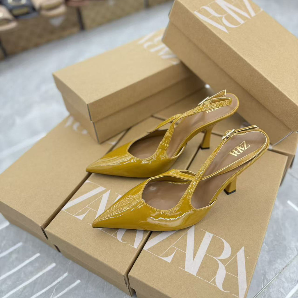 Green Patent-leather High Heels, Mule-style Stiletto Pointed-toe Ankle-strap Sandals