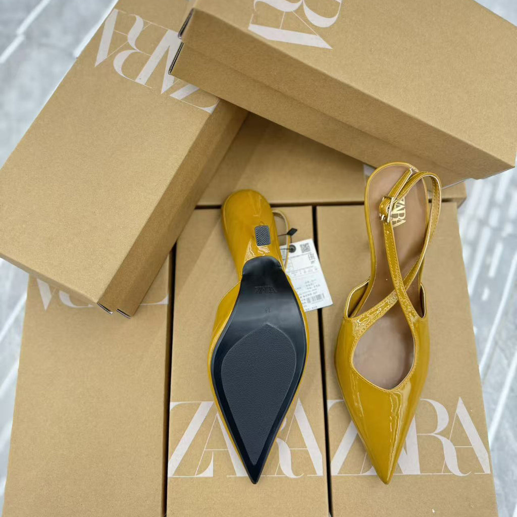 Green Patent-leather High Heels, Mule-style Stiletto Pointed-toe Ankle-strap Sandals