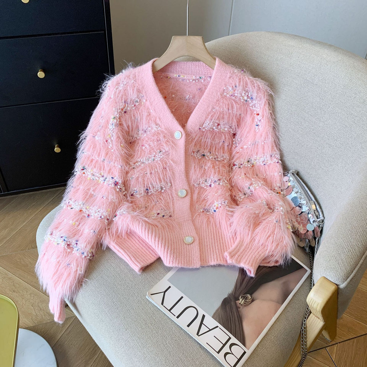 Faux-mink Fleece Dotted Knit Cardigan,