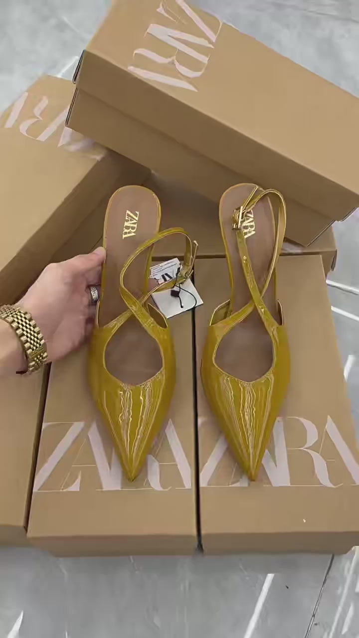 Green Patent-leather High Heels, Mule-style Stiletto Pointed-toe Ankle-strap Sandals